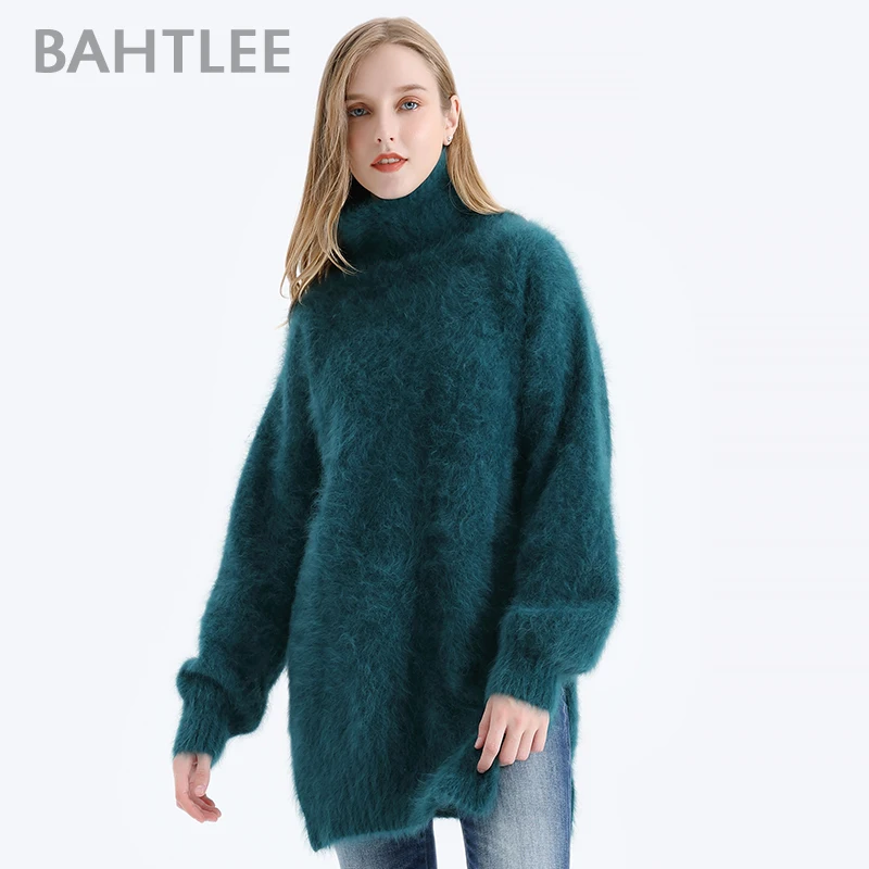 BAHTLEE Для женщин из ангоры, свитер, осенне-зимнее, связанное из шерсти свитер одежда с длинным рукавом с высоким, плотно облегающим шею воротником, свободный стиль
