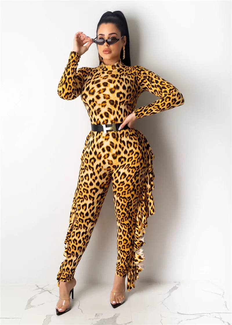 Gold Silver Leopard Print Ruffle Jumpsuit Turtleneck Long Sleeve Bodysuit Casual Skinny Romper Night Club Party Overalls Outfit - Цвет: gold