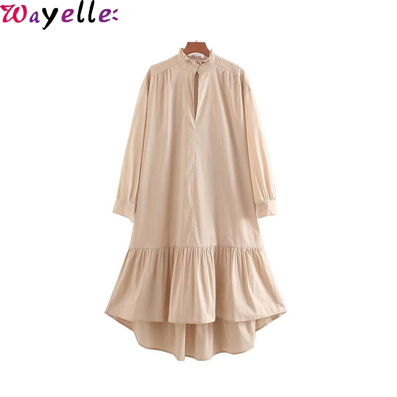 

Elegant Ladies Party Dress Women Basic Khaki Midi Dress Ruffled Collar Long Sleeve Female Casual Solid StraightMid Calf Dresses