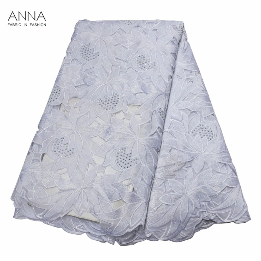 

2019 White African Lace Fabric with Embroidery and Stones High Quality Swiss Voile Lace Fabric Hollow Out Lace for Evening Dress