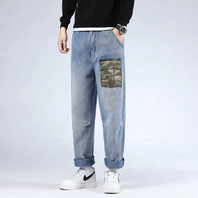 46 Plus Size 2021 New  High Quality  Men's Baggy Male Casual Denim Pocket Straight Pants Fashion Jeans Loose Trousers Streetwear 2021 men s jeans splice color loose casual straight wide leg denim pants male korean style streetwear hip hop jeans trousers men