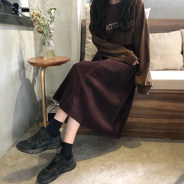 Japanese Mori Girl Autumn Winter Women Midi Skirt High Waist Solid Corduroy Jupe Femme Elegant Vintage Loose Pockets Chic Saias