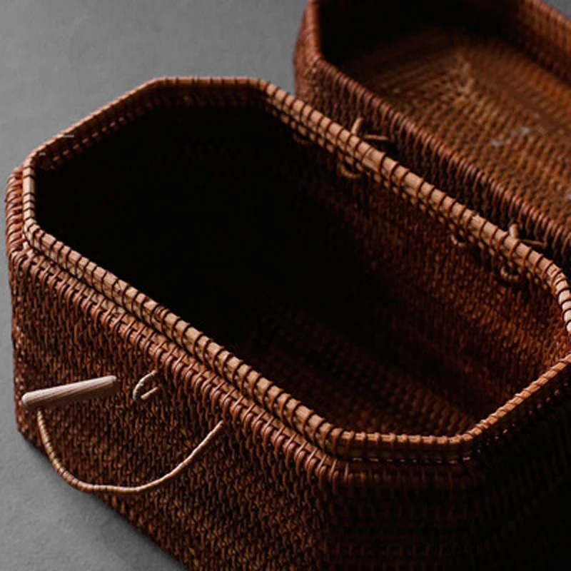 Woven Storage Chests with Lid and Button, Hand- woven Rattan, Desktop Storage Box Basket, Kung Fu Teaware,Tea Ceremony Accessory