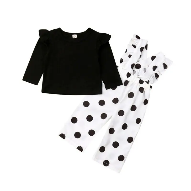 Малыш детская одежда для малышки с длинными рукавами на осень, черная футболка с оборкой топы на бретелях в горошек и штаны комплект из 2 предметов Костюмы