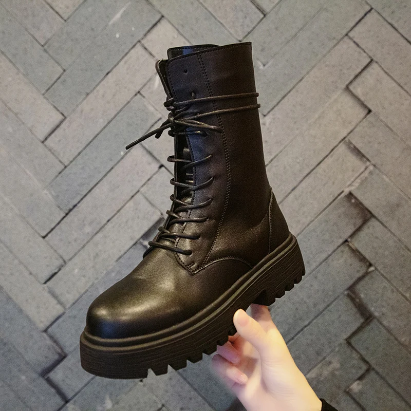 

Round Toe Lolita Boots Flat Heel Bootee Woman 2019 Shoes Leather Booties Martins For Women Lace Up Med Mid Calf Mid-Calf Rock