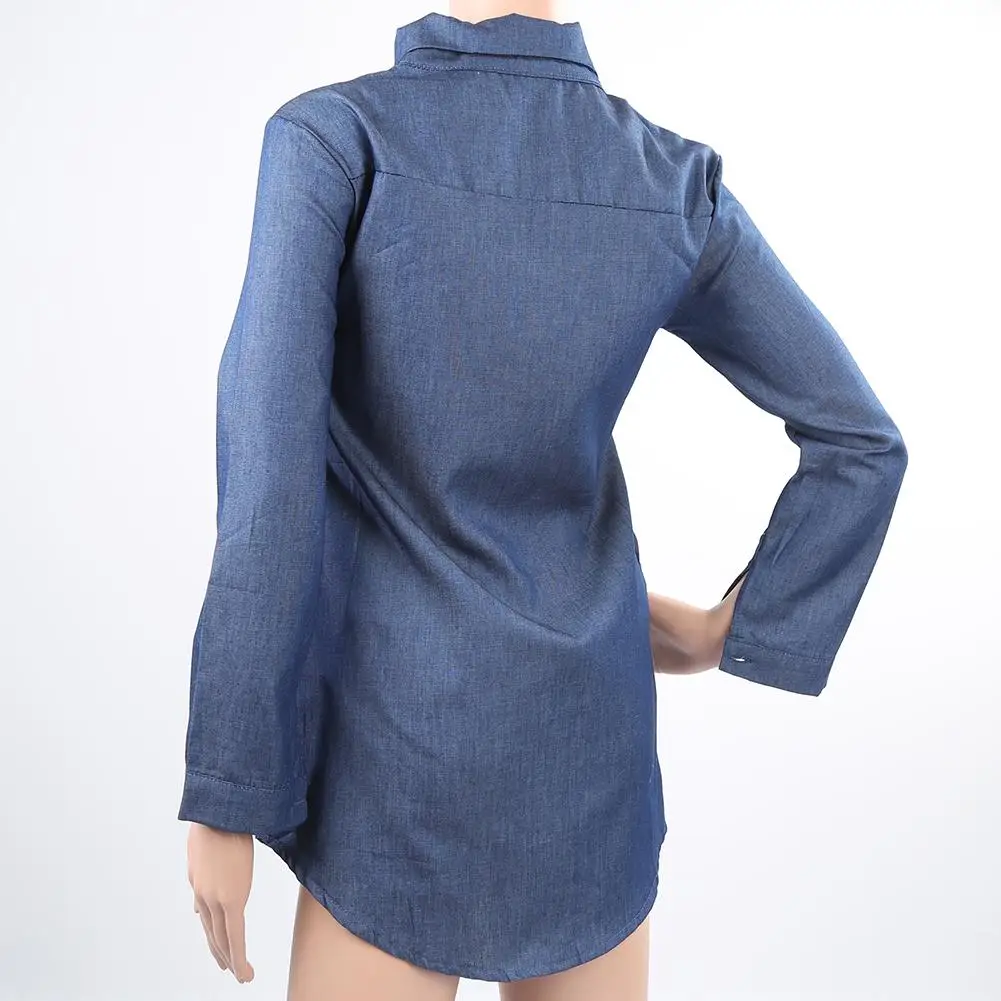 New Fashion Blouse Women Spring Long Sleeve Casual Denim Blouse Tops Shirt Dress Pockets Tops Long Shirt 2
