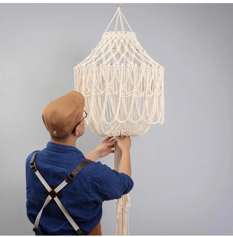 

Nordic style hand woven tapestry chandelier bedroom lighting soft-fitting lampshade tassel cotton rope lamp