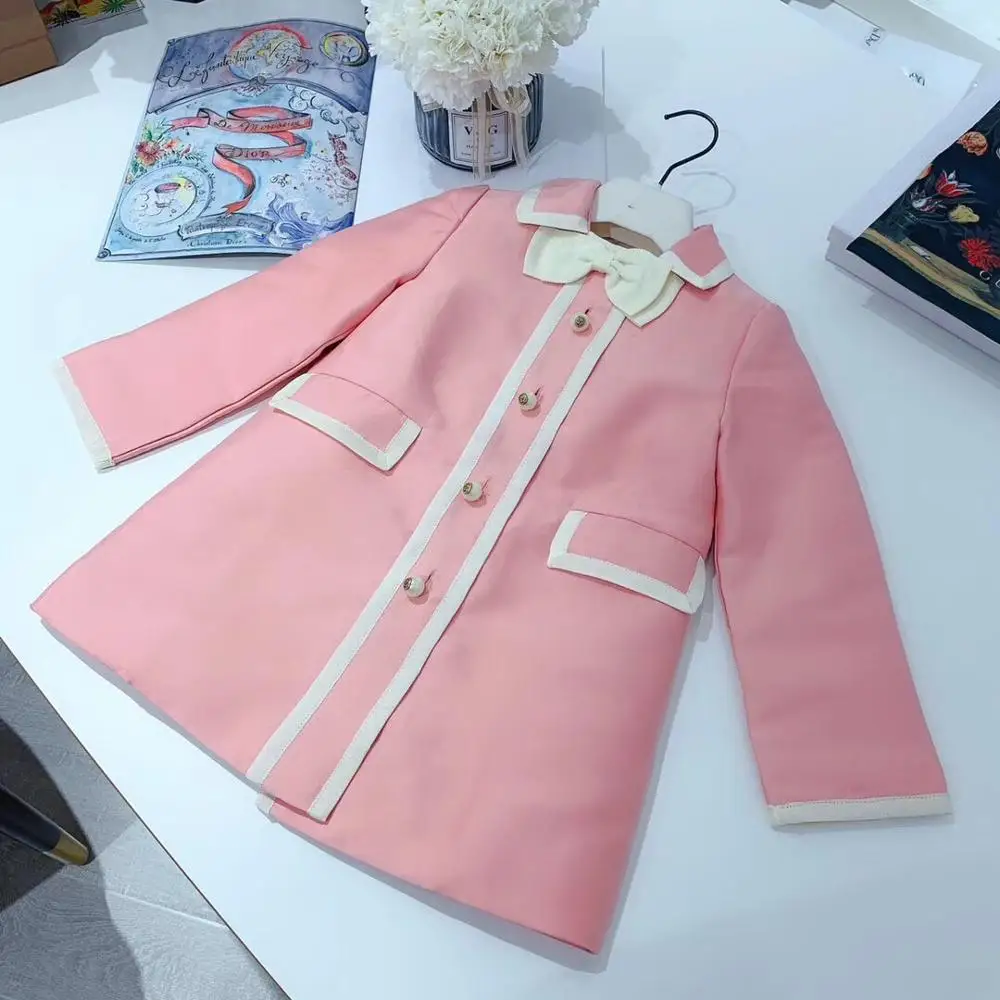 

Autumn pink white long sleeve sweet girl coat kids turn-down collar neckline bow with pocket beautiful coat free shipping