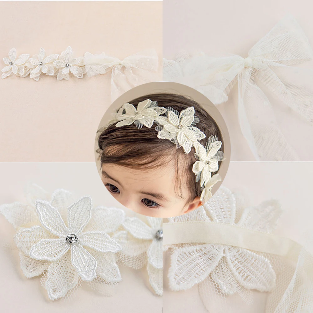 Кружевная повязка на голову для новорожденных девочек с цветочным узором и лентами; белый головной убор с цветочным узором для свадебной вечеринки