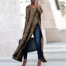 Женская Длинная блузка, осенняя туника с длинным рукавом и леопардовым принтом, топ, уличная одежда, рубашка с разрезом сбоку, женские топы с разрезом макси, Blusas Mujer De Moda T3