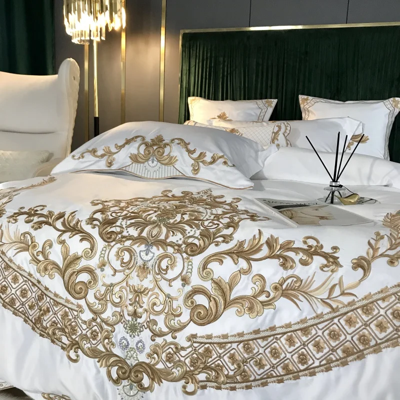Luxury White Bedding Set, 60S Satin Cotton, Royal Gold Embroidery