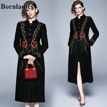 

Bornladies Runway Autumn Embroidery Flower Long Black Coat Women 2020 Full Sleeve Stand Collar Slim Elegant Thicker Winter Coat