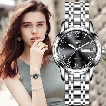 

LIGE New Top Quality Ladies Watch Luxury Rose Gold Black Stainless Steel Waterproof Watches Woman Classic Series Ladies Watch