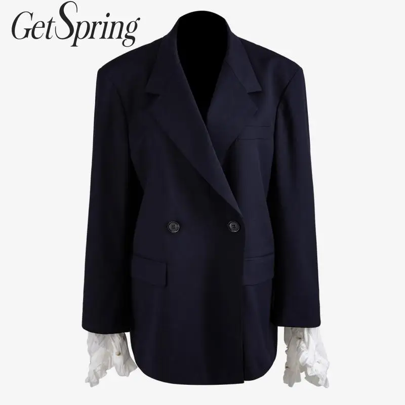 

GETSPRING Women Blazer Patchwork Color Matching Detachable Vintage Women Blazers Jackets Navy Blue All Match Suit Coats Autumn