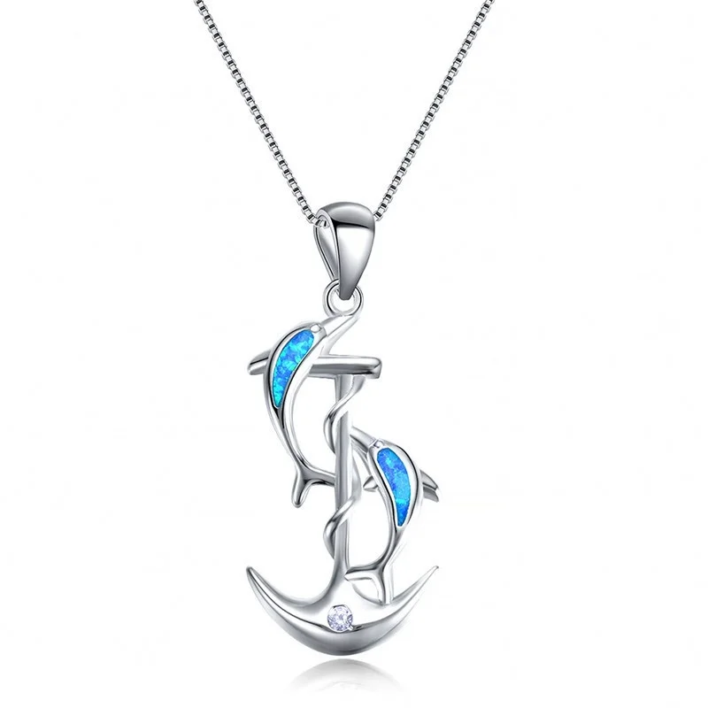 

Luxury Fashion Handmade Silver Necklace White Fire Opal Dolphin Necklace Anchor Pendant Bride Wedding Engagement Charm Jewelry
