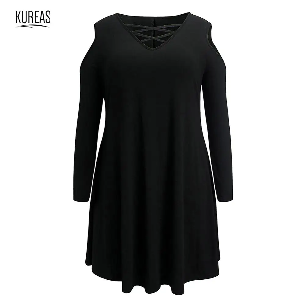 

Kureas Knitted Dress Plus Size Women Elegant V Neck Dresses Off Shoulder Pleated Casual Party A Line Gown Winter Autumn 4XL