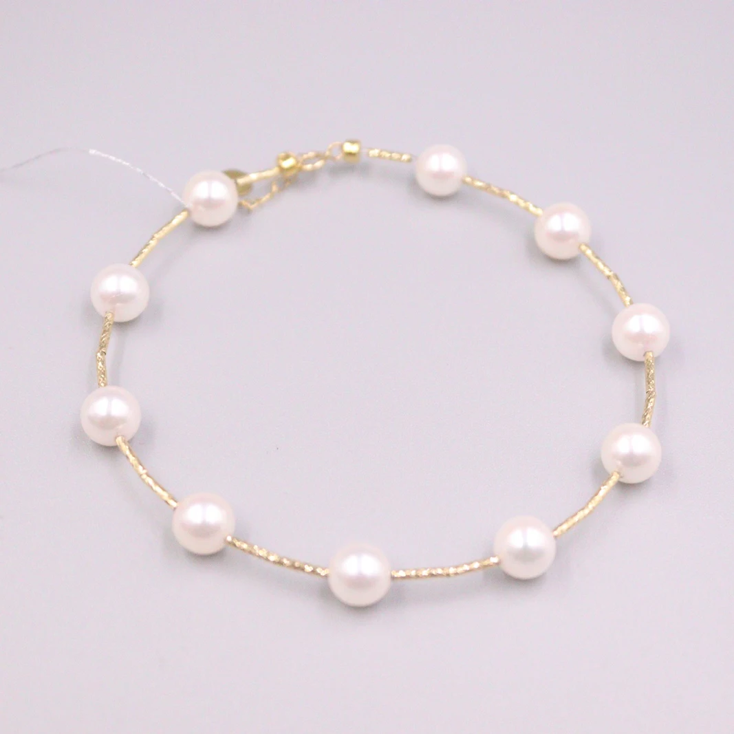 

Au750 Real 18K Yellow Gold Bracelet For Women Female Natural Seawater 10pcs 7mm Pearl Ball Bracelet 17cmL