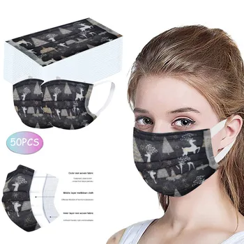 

Fast Delivery Disposable Unisex Printed Christmas Soft Face Masks For Adults 3-layer Masks 50pcs Breathable Dustproof Mascarilla