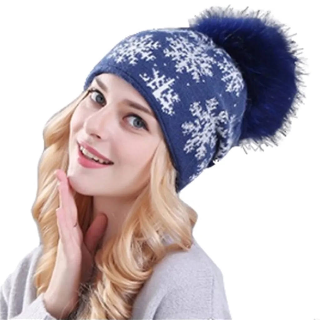 new Thick Wool Pom Pom Winter Hat Female Hat Leather Natural Fur Fashion Warm Knit Women Winter Beanie Bean Hat 30H