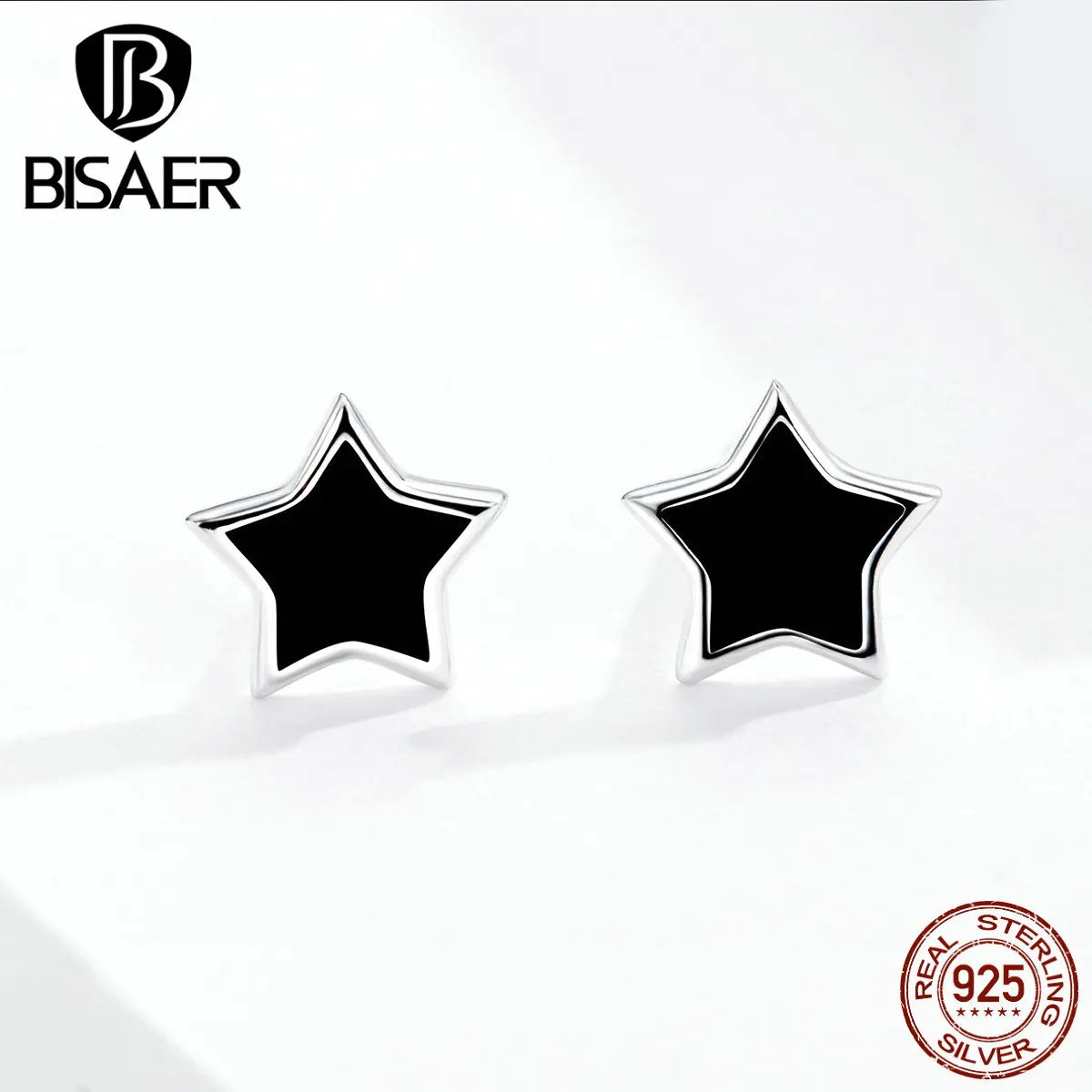 Серьги со звездами BISAER,, 925 пробы, серебро, черная эмаль, серьги-гвоздики со звездами для женщин и мужчин, серебряные ювелирные изделия EFE275