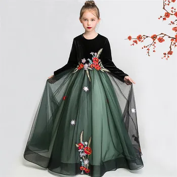 

Children Girls High-Quality Model Show Performance Piano Costumes Host Princess Long Dress Kids Autumn Winter Evening Dress Wear