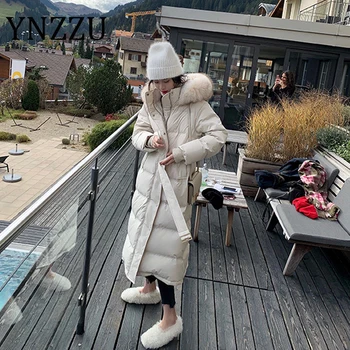 

YNZZU Brand 2020 Winter Women's Down Jacket Elegant Long Style Duck Down Coats Large Fur Collar Hooded Warm Woman Jacket A1537