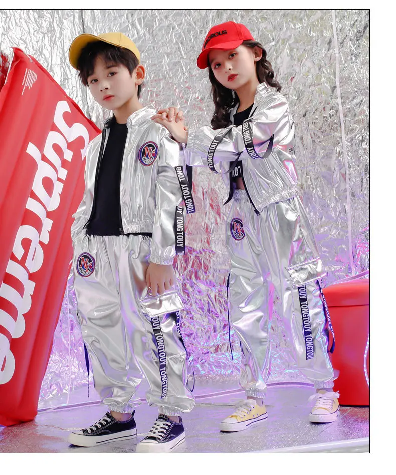 2021 Fashion Boys Hip-hop Set Girl Silver Color Jazz Dance Costume Children Performance Clothes Dance Costume Cool Rave Outfits