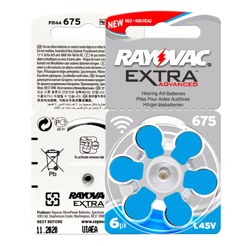 Аккумуляторные батарейки Rayovac для слухового аппарата 60 шт. цинковые воздушные 675A