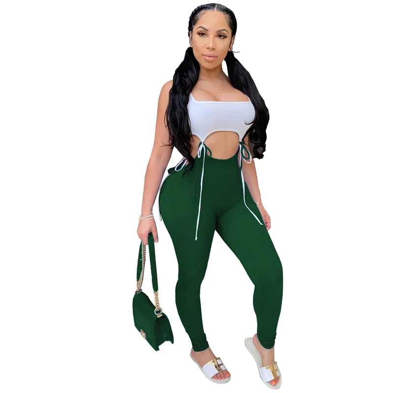 Adogirl High Elastic Lace Up Tight Fitting Sexy Sporting Suit Jumpsuit Summer Sleeveless Hollow Out Fitness Tracksuit Apparel