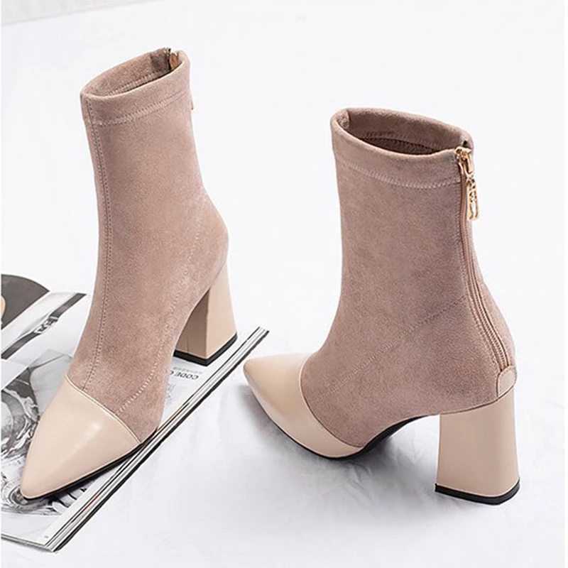 

Patchwork Socks boots women suede pointed toe square high heels martin bottes femme back zipper winter plush solid ankle boots