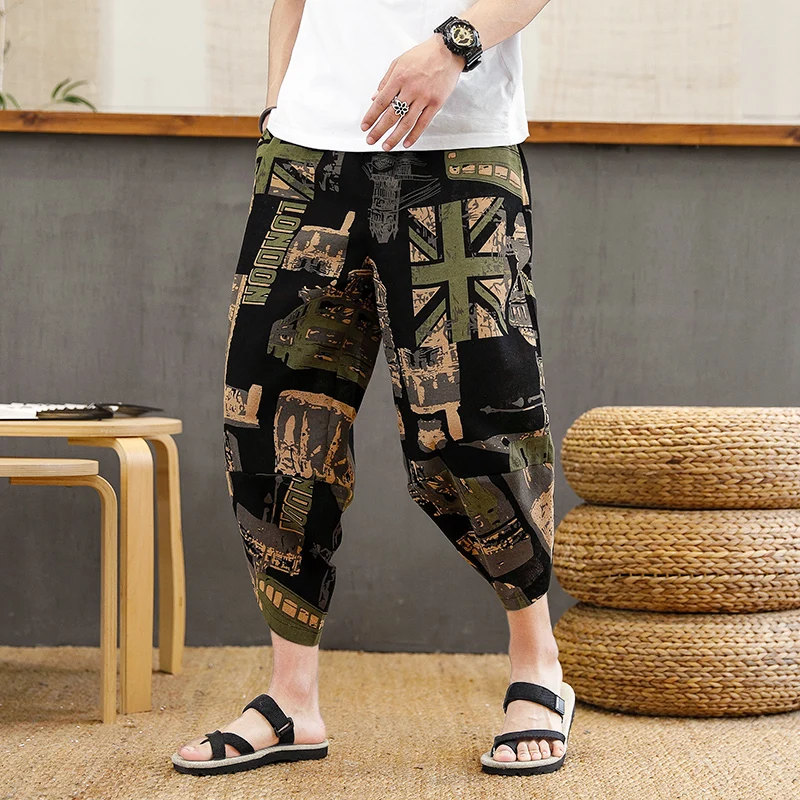 Men Harem Pants Baggy Cotton Harem Pants Men Summer Japanese Men Women Hip Hop Plus Size Wide Leg Pants Bloomers Calf-Length Joggers