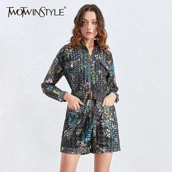 

TWOTWINSTYLE Print Hollow Out Jumpsuits Women Lapel Collar Lantern Sleeve High Waist Short Pants Jumpsuit Female Fashion Clothes