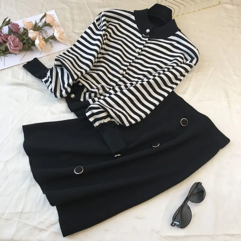 black Neploe, маленький аромат, Chandal Mujer, винтажный, для взрослых, полосатый, вязаный, Женский комплект, Осень-зима, короткий кардиган+ широкие штаны, 46470 - Цвет: black