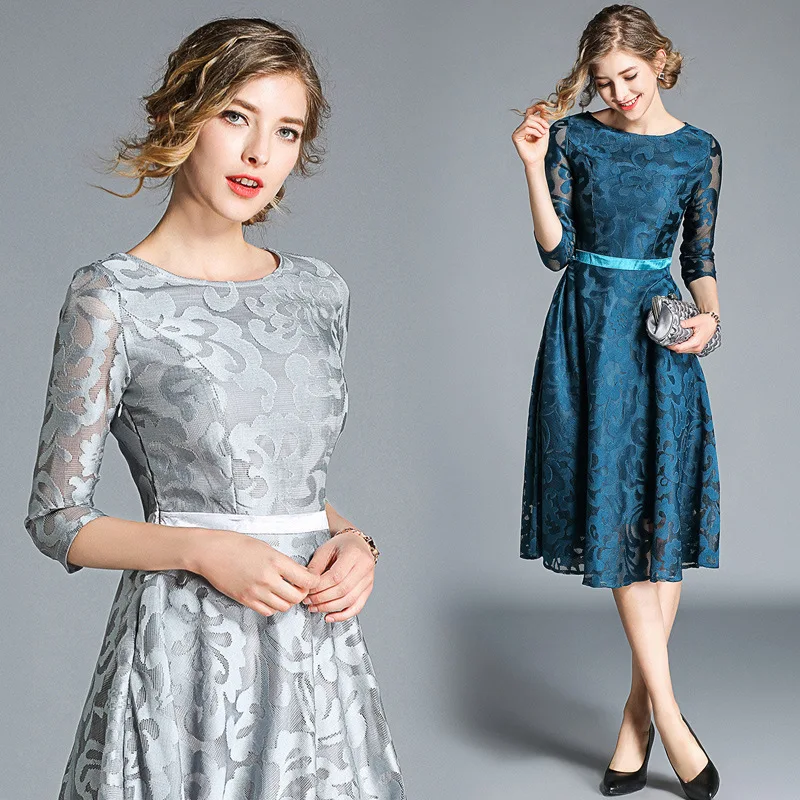 Осеннее женское голубое кружевное платье миди vestidos mujer 2020 Robe Femme женские вечерние