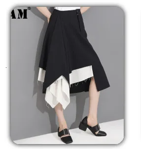 [EAM] Wide Leg Pants Striped Two Piece Suit New Round Neck Short Sleeve Black Loose Fit Women Fashion Spring Autumn 2020 JW5910