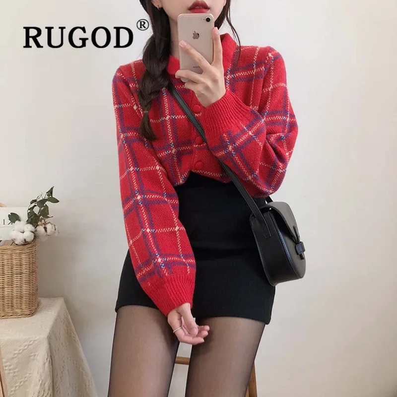 RUGOD, винтажный вязаный свитер, клетчатый кардиган, отложной воротник, зимние топы для женщин, вязаная одежда, Свободный корейский стиль, мода