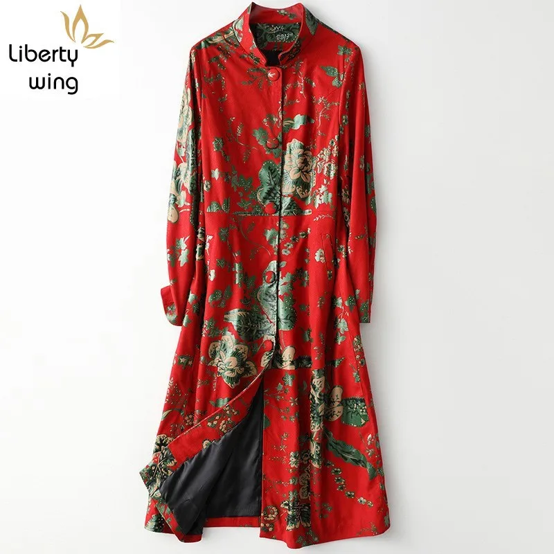 

Chinese Style Printed Stand Collar Single Breasted Womens Trench Coats Genuine Leather Sheepskin Slim Fit Female Long Jackets