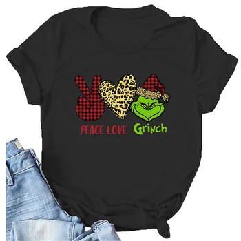 

Peace Love Grinch Pirint T Shirt Women Funny Plaid Graphic Tees Harajuku Short Sleeve Tops Female Aesthetic Clothes 2020
