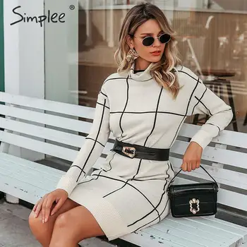 women knitted Long sleeve turtleneck plaid dress Dresses Women's Women's Clothing