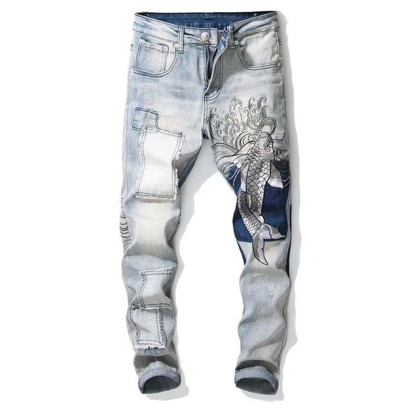 2019 AUTUMN Winter Men's Patchwork Ripped Embroidered Stretch Jeans Trendy Holes Straight Denim Trouers 2019 AUTUMN Winter Men's Patchwork Ripped Embroidered Stretch Jeans Trendy Holes Straight Denim Trouers