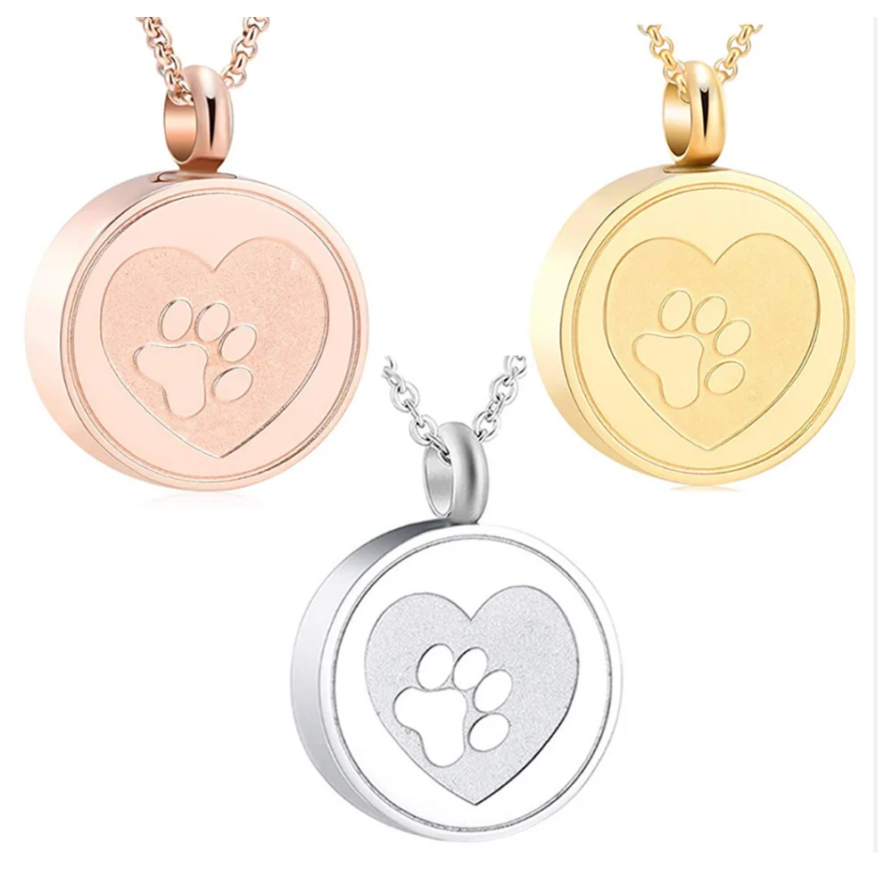 Pet Paw Print Heart Cremation Urn Locket Necklace Hold Dog/Cat Ashes Casket Stainless Steel Keepsake Jewelry 2