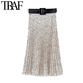 

TRAF Women Chic Fashion Printed Pleated With Belt Midi Skirt Vintage High Waist Side Zipper Female Skirts Faldas Mujer