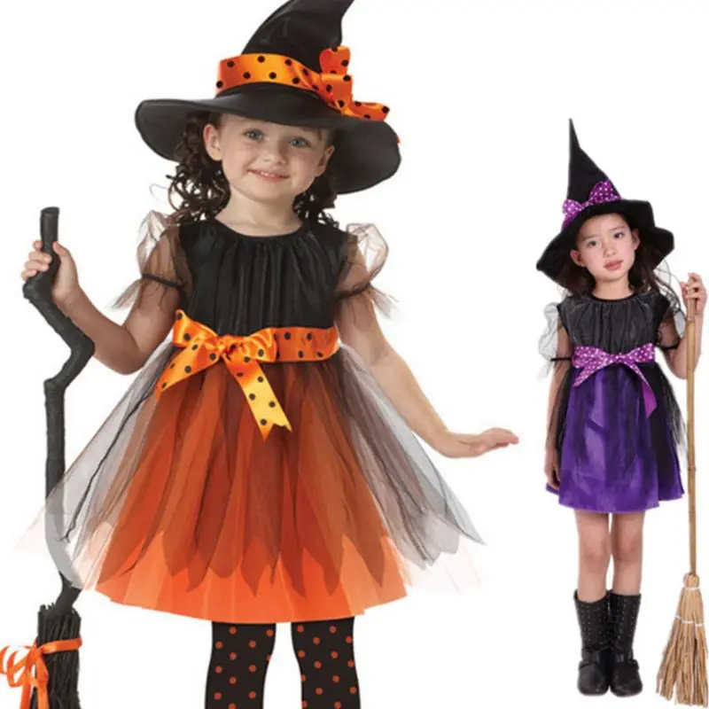 

Toddler Girl Witch Cosplay Costume Kids Short Sleeve Dress with Polka Dot Ribbon Pointed Hat for Halloween Fairytale Party Props