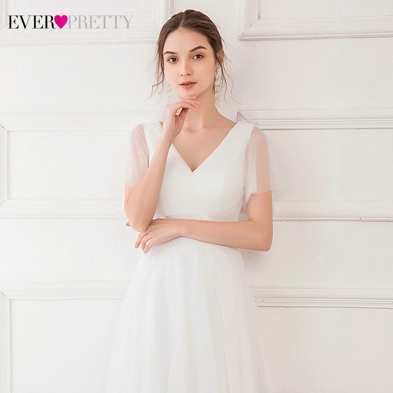 Элегантные свадебные платья Ever Pretty EP07962WH ТРАПЕЦИЕВИДНОЕ с рюшами, с двойным v-образным вырезом, с коротким рукавом, пляжный стиль, свадебные платья Robe De Marie
