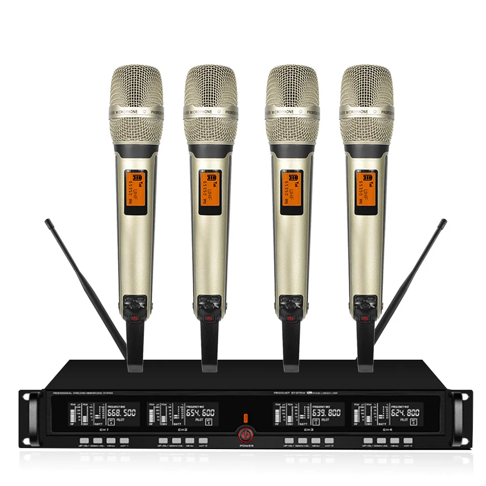 4 канальная Беспроводная микрофонная система Uhf караоке беспроводной ручной