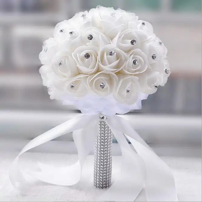 Beautiful White Ivory Bridal Bridesmaid Flower Wedding Bouquet Artificial Flower Rose Bouquet Crystal Bridal Bouquets Wedding Bouquets Aliexpress