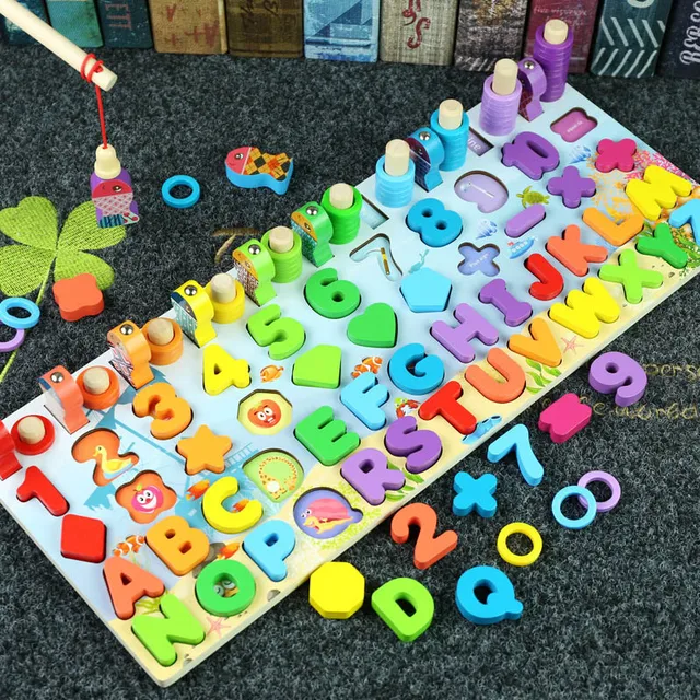 Wooden Montessori Toys Fruit Digital Animal Traffic Figure Preschool Children's Fishing Puzzle Baby Early Educational Math Toys 3