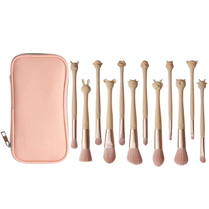 Chinese Zodiac 12Pcs Pink Makeup Brushes Make Up Brush Women Blush Powder Foundation Beauty Tool | Красота и здоровье