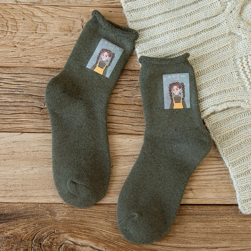 Зимние толстые теплые женские Носки с рисунком; повседневные милые носки; короткие удобные теплые дышащие эластичные носки для женщин - Цвет: Армейский зеленый