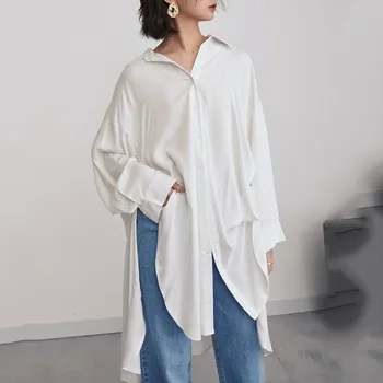 

EWQ 2020 Spring Long Sleeve Turn Down Collar White Loose Free Size Irregular Dress Women MH973